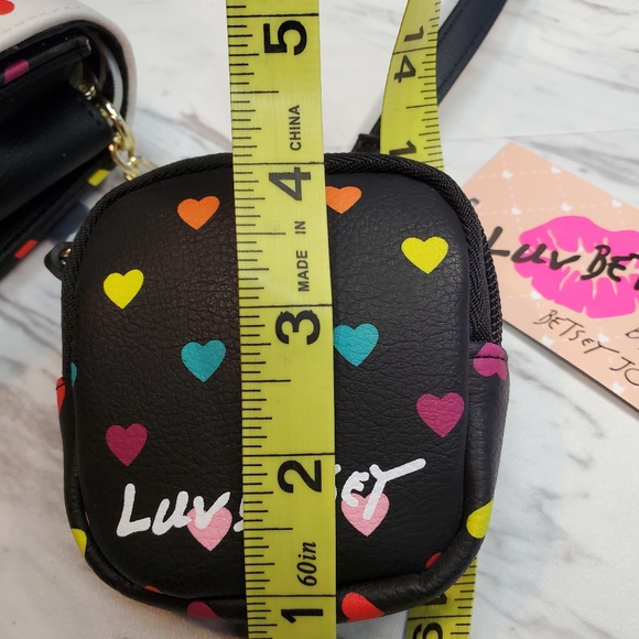 Luv Betsey Black and White Foley Purse with Rainbow Hearts and Earbud Pouch - Picture 2 of 8